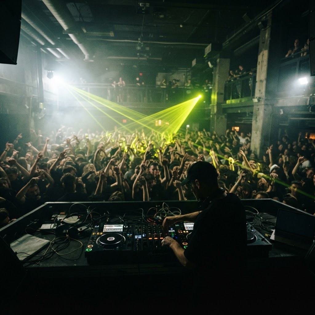 DJ hinter dem Pult mit Blick auf eine Menschenmenge in einem Club mit grünen Laserstrahlen